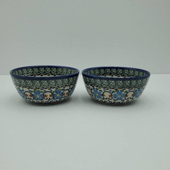 Polish Pottery Unikat Dessert Bowls Trinket Dishes Blue Flowers Green Accents - Picture 7 of 10